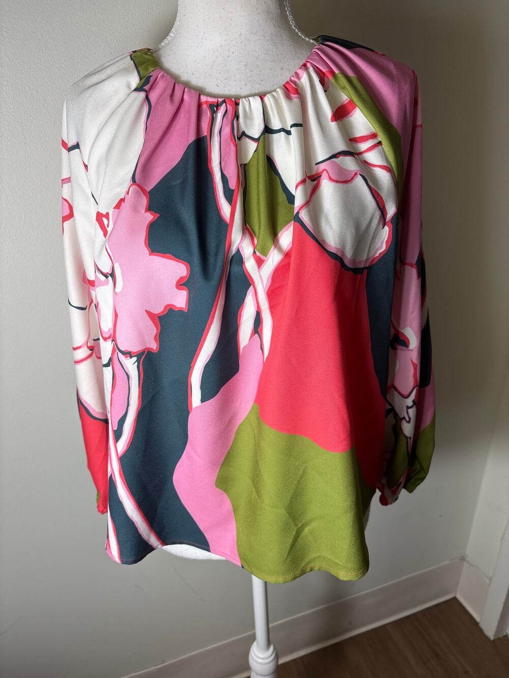 Crosby Pink and Greeen Pull Sleeve Blouse Sz XS